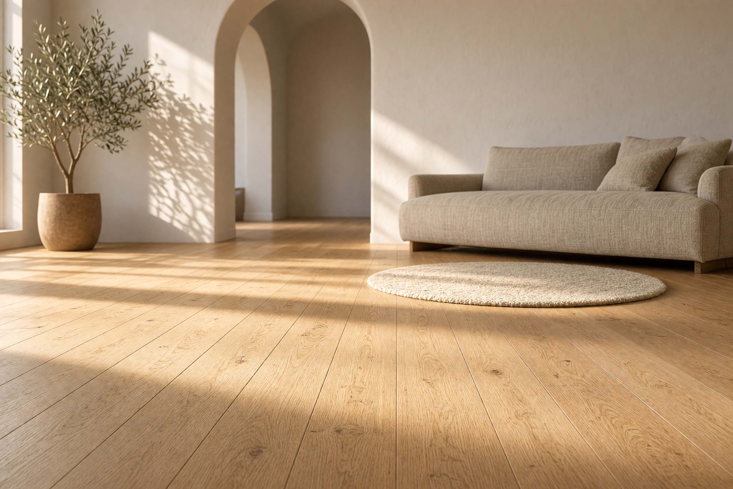 Sala con sofá, alfombra redonda y un olivo, con Madera de roble blanco