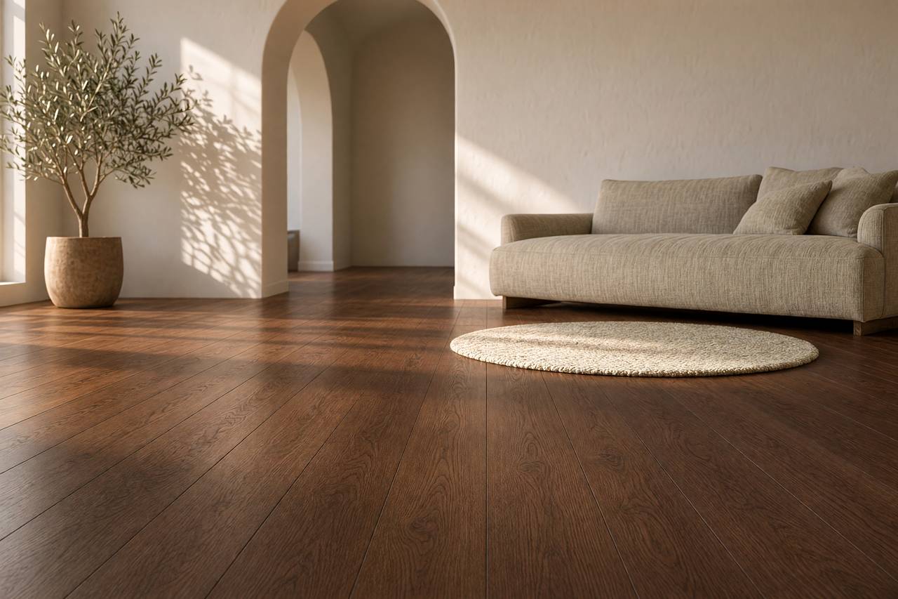 Sala con sofá, alfombra redonda y un olivo, con Madera de nogal