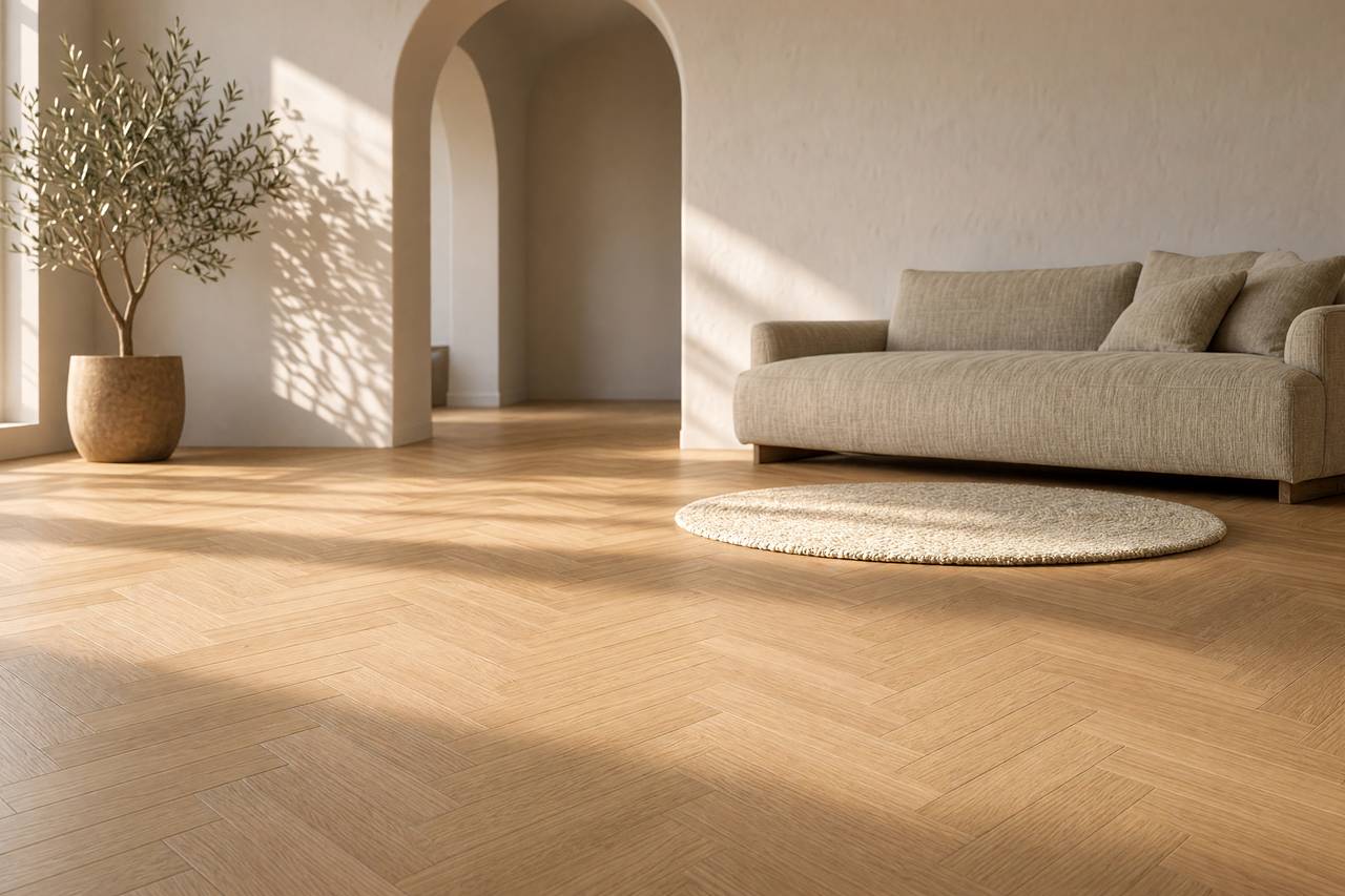 Sala con sofá, alfombra redonda y un olivo, con Espiga (herringbone)